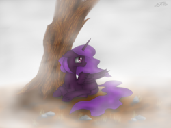 Size: 4245x3183 | Tagged: safe, artist:setharu, oc, oc only, oc:lacunae, alicorn, pony, fallout equestria, fallout equestria: project horizons, artificial alicorn, butt, fallout, female, floppy ears, fog, frown, hooves, horn, looking back, lying down, mare, plot, prone, purple alicorn (fo:e), rock, solo, tree, underhoof, wings