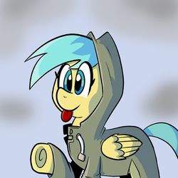 Size: 576x576 | Tagged: safe, artist:pembroke, sunshower raindrops, g4, clothes, female, hoodie, solo, tongue out