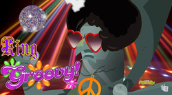 Size: 851x471 | Tagged: safe, edit, screencap, king grover, griffon, g4, the lost treasure of griffonstone, 60s, 70s, afro, disco ball, image macro, king groovy, male, meme, peace symbol, pun, solo