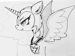 Size: 1280x960 | Tagged: safe, artist:zokkili, nightmare moon, g4, female, monochrome, solo, traditional art