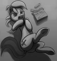 Size: 2000x2138 | Tagged: safe, artist:dimfann, roseluck, earth pony, pony, g4, butt, dock, drawthread, eating, female, grayscale, high res, looking at you, mare, monochrome, nutrigrain, on back, plot, request, rosebutt, snacks, solo, underhoof