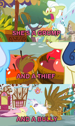 Size: 320x540 | Tagged: safe, edit, edited screencap, screencap, bon bon, fluttershy, gilda, granny smith, linky, shoeshine, sweetie drops, griffon, g4, griffon the brush off, bully, captain obvious, grump, image macro, meme, pink text, quote, thief