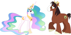 Size: 1600x799 | Tagged: safe, artist:missgoldendragon, princess celestia, trouble shoes, alicorn, earth pony, pony, g4, simple background, size comparison, size difference, transparent background, vector