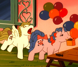 Size: 558x479 | Tagged: safe, screencap, buttons (g1), surprise, g1, somnambula (episode), balloon, context is for the weak, duo, imminent bite, mouth hold