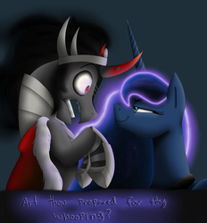 Size: 5000x5390 | Tagged: safe, artist:mickeymonster, artist:midnightsonare, king sombra, princess luna, g4, absurd resolution, bedroom eyes, eye contact, female, frown, male, open mouth, rearing, scared, ship:lumbra, shipping, smiling, smirk, straight, wide eyes