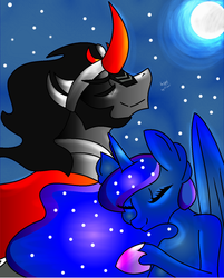 Size: 3504x4352 | Tagged: safe, artist:modernlisart, king sombra, princess luna, alicorn, pony, unicorn, g4, eyes closed, female, male, moon, night, ship:lumbra, shipping, stars, straight