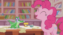 Size: 499x281 | Tagged: safe, screencap, gummy, pinkie pie, g4, the lost treasure of griffonstone, animated, cute, derp, diapinkes, eyes closed, gummybetes, heart, kiss on the lips, kissing, mouth hold, platonic kiss, pronking, smiling, talking, wink