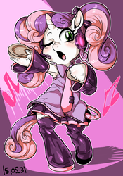 Size: 943x1348 | Tagged: safe, artist:nekubi, sweetie belle, pony, g4, armpits, bipedal, clothes, crossover, female, hatsune miku, singing, skirt, solo, underhoof, vocaloid