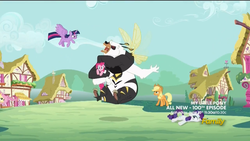 Size: 1366x768 | Tagged: safe, screencap, applejack, fluttershy, pinkie pie, rarity, twilight sparkle, alicorn, bugbear, pony, g4, season 5, slice of life (episode), discovery family logo, female, mare, monster, noogie, paw pads, twilight sparkle (alicorn)
