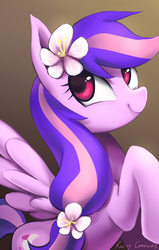 Size: 661x1039 | Tagged: safe, artist:rocy canvas, oc, oc only, oc:moonlight blossom, pegasus, pony, female, flower in hair, gradient background, looking up, mare, pixiv, rearing, smiling, solo, spread wings, wings
