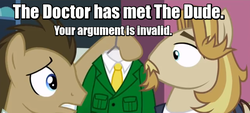 Size: 854x387 | Tagged: safe, edit, edited screencap, screencap, doctor whooves, jeff letrotski, time turner, earth pony, pony, g4, season 5, slice of life (episode), 100th episode, caption, clothes, image macro, male, meme, stallion, suit, text, your argument is invalid