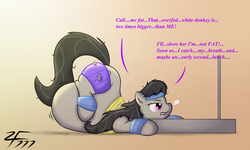 Size: 5000x3000 | Tagged: safe, artist:zeldafan777, octavia melody, earth pony, pony, belly, big belly, clothes, denial, fat, fatavia, female, messy mane, need to go on a diet, need to lose weight, obese, solo, sweat, too fat, too fat to move, torn clothes, workout, workout outfit