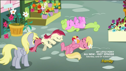 Size: 1366x768 | Tagged: safe, screencap, daisy, derpy hooves, flower wishes, lily, lily valley, roseluck, pegasus, pony, g4, season 5, slice of life (episode), bouquet, butt, discovery family logo, female, flower trio, mare, plot, rose, you killed them