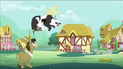 Size: 1273x713 | Tagged: safe, screencap, applejack, matilda, rarity, bugbear, donkey, g4, season 5, slice of life (episode), discovery family logo, flying, house, houses, monster, paw pads, ponyville