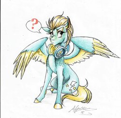 Size: 1024x990 | Tagged: safe, artist:alexacana, lightning dust, g4, blushing, colored wings, colored wingtips, female, fluffy, frown, headphones, looking at you, question mark, simple background, sitting, solo, traditional art, unshorn fetlocks