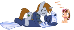 Size: 3790x1553 | Tagged: safe, artist:zacatron94, oc, oc only, oc:littlepip, oc:silverlay, oc:think pink, original species, pony, umbra pony, unicorn, fallout equestria, clothes, eyes closed, fanfic, fanfic art, female, horn, jumpsuit, kiss on the lips, kissing, lesbian, male, mare, open mouth, shipping, simple background, stallion, transparent background, vault suit