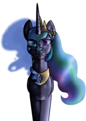 Size: 999x1392 | Tagged: safe, artist:enchanted-feline, nightmare moon, princess celestia, g4, crying, grin, simple background, transparent background