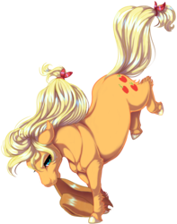 Size: 1416x1800 | Tagged: safe, artist:kittehkatbar, applejack, horse, g4, bucking, female, hoers, mouth hold, pose, realistic anatomy, simple background, solo, transparent background, unshorn fetlocks