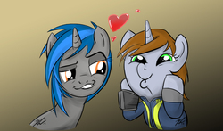 Size: 1057x621 | Tagged: safe, artist:hazardmarine, oc, oc only, oc:homage, oc:littlepip, pony, unicorn, fallout equestria, clothes, cute, dashface, faic, fanfic, fanfic art, feels, female, gradient background, grin, heart, hooves, horn, jumpsuit, lesbian, mare, oc x oc, pipbuck, ship:pipmage, shipping, simple background, smiling, smugdash, vault suit