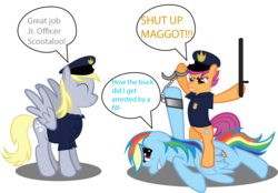 Size: 1610x1123 | Tagged: safe, artist:spellboundcanvas, derpy hooves, rainbow dash, scootaloo, pegasus, pony, g4, arrested, female, filly, foal, hoof hold, mare, simple background, spread wings, transparent background, wings