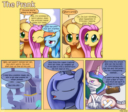 Size: 1062x930 | Tagged: safe, artist:solar-slash, applejack, fluttershy, princess celestia, princess luna, rainbow dash, comic:the prank, g4, artifact, bandage, comic, pinklestia