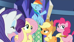 Size: 1280x720 | Tagged: safe, screencap, applejack, fluttershy, pinkie pie, rainbow dash, rarity, castle sweet castle, g4