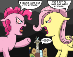 Size: 3300x2555 | Tagged: safe, artist:saburodaimando, discord, fluttershy, pinkie pie, g4, argument, bloodshot eyes, dark clouds, fight, high res, speech bubble