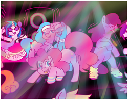 Size: 638x500 | Tagged: safe, artist:antiqueantoinette, aloe, berry punch, berryshine, dj pon-3, lotus blossom, pinkie pie, vinyl scratch, earth pony, pony, unicorn, g4, dancing, disc jockey, glow rings, party, spa twins, turntable