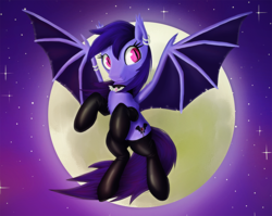 Size: 811x647 | Tagged: safe, artist:prodius, oc, oc only, bat pony, pony, :3, clothes, ear piercing, female, latex, latex socks, leather, moon, piercing, slit pupils, socks, solo, spread wings, stars, wing piercing