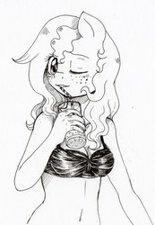 Size: 1058x1527 | Tagged: safe, artist:evomanaphy, oc, oc only, oc:evo, anthro, anthro oc, bikini, breasts, clothes, drink, female, freckles, hand, looking at you, monochrome, nudity, paper, sketch, solo, swimsuit, traditional art