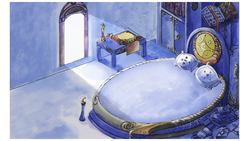 Size: 1920x1080 | Tagged: safe, artist:simbaro, lullaby for a princess, bed, book, castle of the royal pony sisters, interior, luna's room, scroll, traditional art, watercolor painting