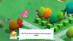 Size: 1136x640 | Tagged: safe, gameloft, applejack, pinkie pie, twilight sparkle, g4, magical mystery cure, glitch, screenshots, tree