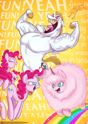 Size: 2480x3508 | Tagged: safe, artist:jowyb, bulk biceps, pinkie pie, oc, oc:fluffle puff, .mov, pink fluffy unicorns dancing on rainbows, g4, fun, high res, r-dash 5000, vein, yeah