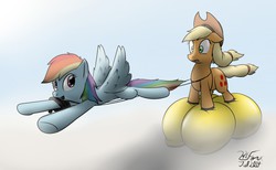 Size: 1280x790 | Tagged: safe, artist:the-furry-railfan, applejack, rainbow dash, g4, boots, cloud, cloudy, cowboy hat, floating, flying, galoshes, hat, helium, hose, inflation, pulling, reins, sky, stetson