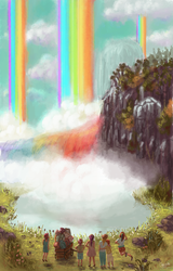 Size: 850x1330 | Tagged: safe, artist:chocolatesun, apple bloom, applejack, rainbow dash, rarity, scootaloo, sweetie belle, human, g4, sleepless in ponyville, cutie mark crusaders, humanized, rainbow, rainbow waterfall, scenery, winsome falls