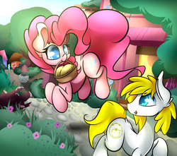 Size: 2500x2205 | Tagged: safe, artist:madacon, pinkie pie, oc, earth pony, pony, g4, basket, black outlines, colored pupils, duo, female, full body, high res, looking at each other, looking at someone, mare, mouth hold, pronking, raised hoof