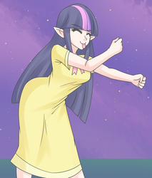 Size: 1280x1504 | Tagged: safe, artist:jonfawkes, twilight sparkle, elf, human, g4, :p, clothes, dancing, do the sparkle, dress, elf ears, female, humanized, solo
