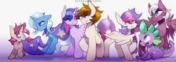 Size: 1500x534 | Tagged: safe, artist:foxinshadow, spike, trixie, twilight sparkle, oc, oc:ben parker sparkle, oc:mayday parker sparkle, pony, unicorn, g4, :t, bedroom eyes, crossover, crossover shipping, earring, eye contact, family, floppy ears, fluffy, glare, grin, male, may parker, mouth hold, nom, offspring, open mouth, parent:peter parker, parent:twilight sparkle, parents:spidertwi, peter parker, piercing, raised hoof, shipping, smiling, spider-man, spiders and magic ii: eleven months, spiders and magic iii: days of friendship past, spiders and magic iv: the fall of spider-mane, spiders and magic: rise of spider-mane, spidertwi