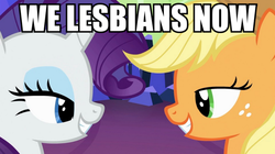 Size: 893x500 | Tagged: safe, edit, screencap, applejack, rarity, g4, awkward grin, female, grin, image macro, lesbian, meme, ship:rarijack, shipping, smiling