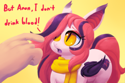 Size: 1886x1256 | Tagged: source needed, safe, artist:outta sync, oc, oc only, oc:anon, oc:arrhythmia, bat pony, human, pony, clothes, cute, dialogue, fangs, hair over one eye, hand, looking up, open mouth, scarf