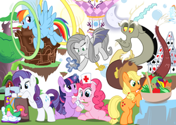 Size: 1024x724 | Tagged: safe, artist:viraljp, applejack, discord, fluttershy, pinkie pie, rainbow dash, rarity, twilight sparkle, oc, oc:fluttercruel, draconequus, earth pony, pegasus, pony, unicorn, pony pov series, g4, carousel boutique, chaos, crescent moon, discord: not one of a kind, draconequified, fanfic, female, floating island, fluttercruel, house of cards, male, mare, moon, simple background, sun, unicorn twilight, white background
