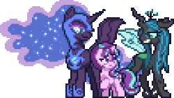 Size: 436x248 | Tagged: safe, artist:mrponiator, nightmare moon, queen chrysalis, starlight glimmer, alicorn, changeling, changeling queen, pony, unicorn, g4, antagonist, female, gif, looking at each other, mare, non-animated gif, pixel art, s5 starlight, simple background, smiling, transparent background