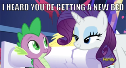 Size: 844x457 | Tagged: safe, edit, edited screencap, screencap, rarity, spike, dragon, pony, unicorn, castle sweet castle, g4, bedroom eyes, caption, discovery family logo, female, image macro, male, mare, meme, rarity's bad pickup lines, ship:sparity, shipping, straight, sweat