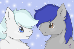 Size: 1009x669 | Tagged: safe, artist:serenity, double diamond, oc, pony, g4, my little pony: friendship is magic, the cutie map, chest fluff, looking at each other, male, pegasus master race, simple background, snow, snowfall, stallion, straight