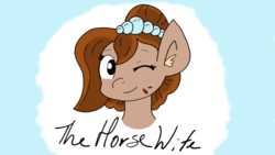 Size: 1920x1080 | Tagged: safe, artist:chris, oc, oc only, oc:brownie bun, earth pony, pony, abstract background, blushing, bust, ear fluff, female, mare, one eye closed, solo, wink