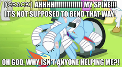 Size: 903x500 | Tagged: safe, screencap, bulk biceps, rainbow dash, g4, bandage, image macro, meme, wheelchair