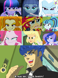 Size: 790x1064 | Tagged: safe, adagio dazzle, applejack, flash sentry, maud pie, pinkie pie, princess luna, sonata dusk, sunset shimmer, trixie, twilight sparkle, vice principal luna, equestria girls, g4, dio brando, exploitable meme, flash sentry gets all the mares, implied teacher-student romance, it was me, jojo's bizarre adventure, meme, pregnancy test, pregnancy test meme, this ended in pregnancy, waifu thief