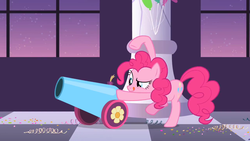 Size: 1280x720 | Tagged: safe, screencap, pinkie pie, g4, sweet and elite, female, party cannon, solo, tongue out