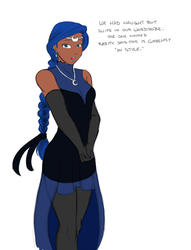 Size: 602x789 | Tagged: safe, artist:eve-ashgrove, princess luna, human, g4, alternate hairstyle, circlet, clothes, cute, dark skin, dialogue, dress, earring, evening gloves, eyeshadow, female, humanized, jewelry, lipstick, looking at you, lunabetes, necklace, nervous, open mouth, pantyhose, piercing, shy, simple background, solo