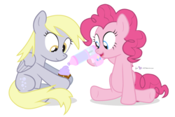 Size: 990x660 | Tagged: safe, artist:dm29, derpy hooves, pinkie pie, pegasus, pony, g4, cupcake, duo, female, frosting, frosting gun, mare, muffin, simple background, transparent background